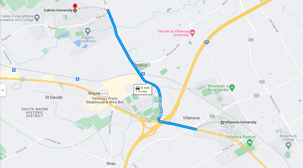 Area map showing distance between Cabrini and Villanova.